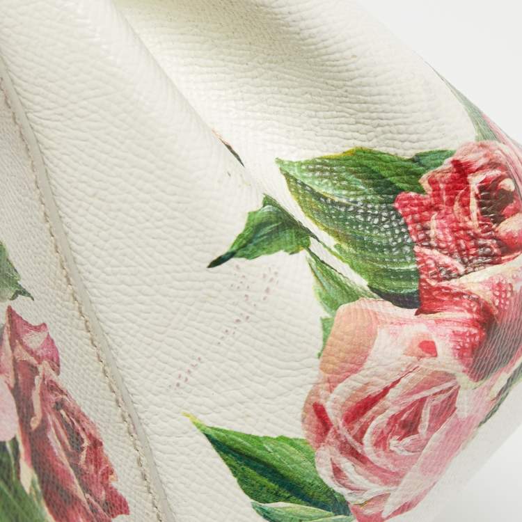 Pre Owned Dolce & Gabbana White Floral Print Leather Medium Miss Sicily Top Handle Bag