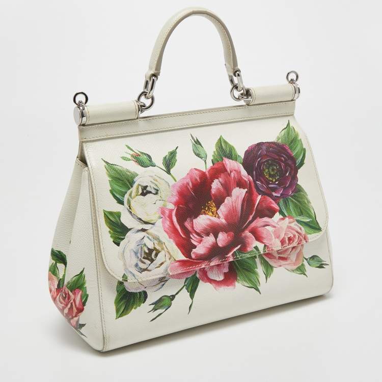 Pre Owned Dolce & Gabbana White Floral Print Leather Medium Miss Sicily Top Handle Bag