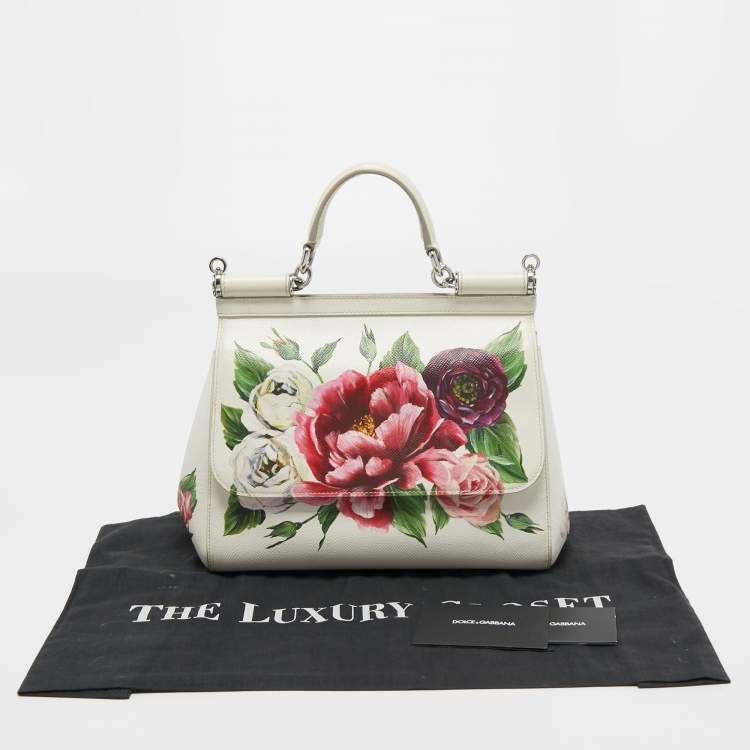Pre Owned Dolce & Gabbana White Floral Print Leather Medium Miss Sicily Top Handle Bag