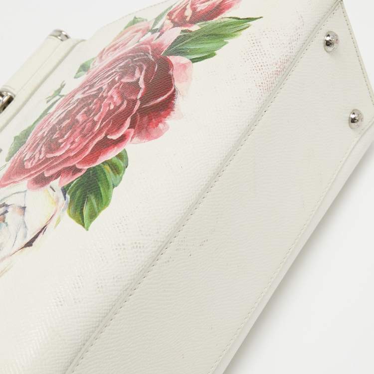 Pre Owned Dolce & Gabbana White Floral Print Leather Medium Miss Sicily Top Handle Bag