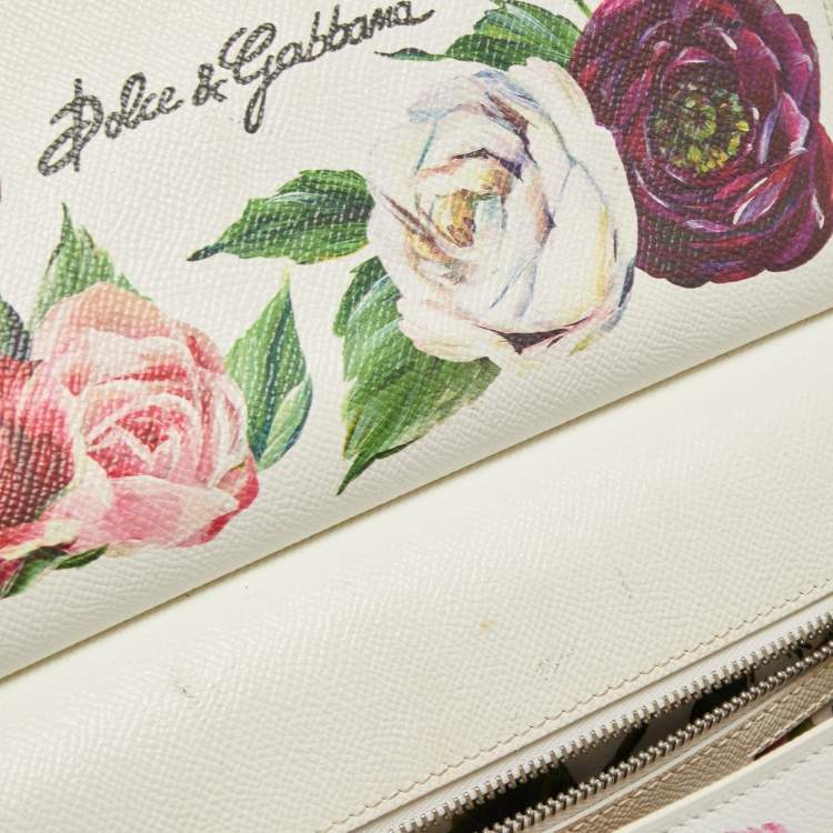 Pre Owned Dolce & Gabbana White Floral Print Leather Medium Miss Sicily Top Handle Bag