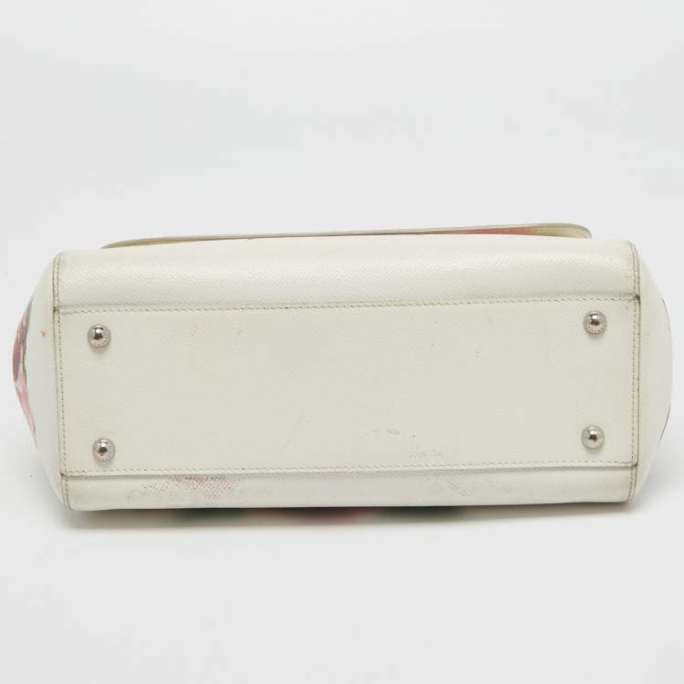 Pre Owned Dolce & Gabbana White Floral Print Leather Medium Miss Sicily Top Handle Bag