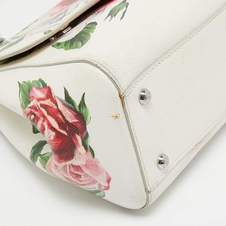 Pre Owned Dolce & Gabbana White Floral Print Leather Medium Miss Sicily Top Handle Bag