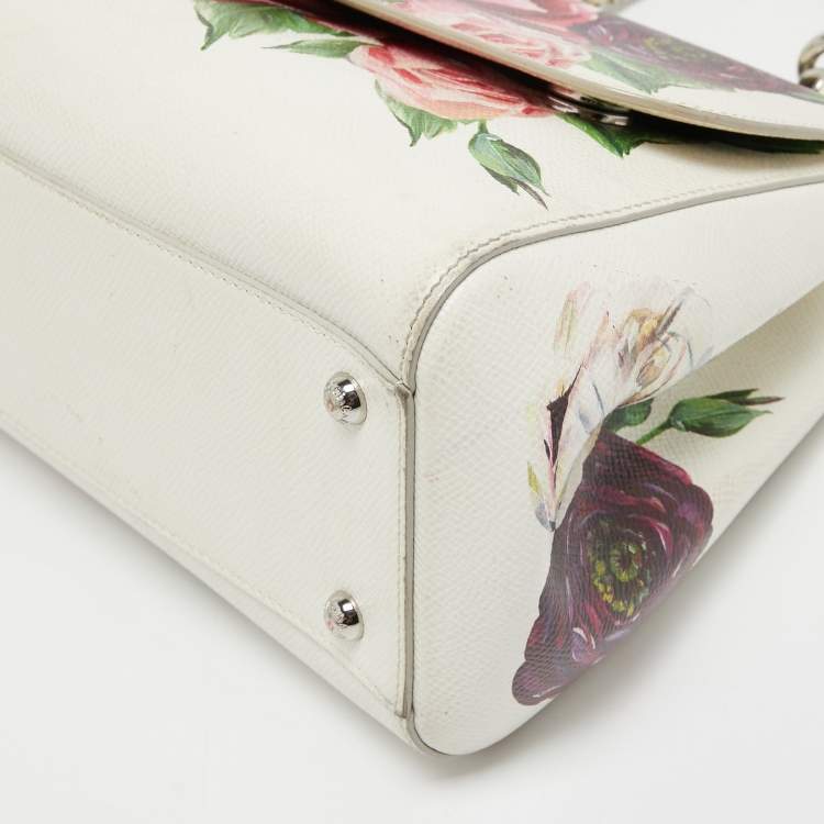 Pre Owned Dolce & Gabbana White Floral Print Leather Medium Miss Sicily Top Handle Bag