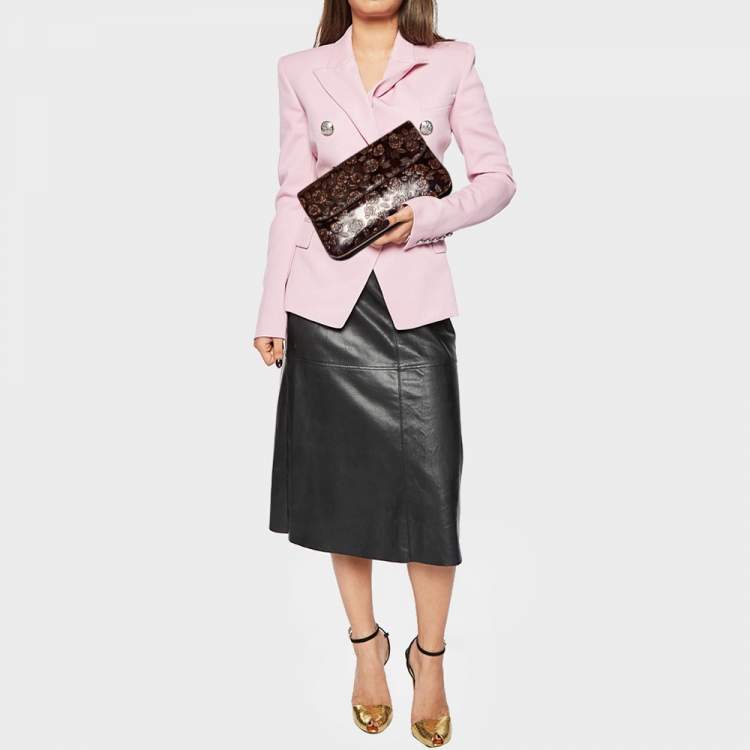 Pre Owned Dolce & Gabbana Dark Brown Floral Embossed Leather Flap Clutch