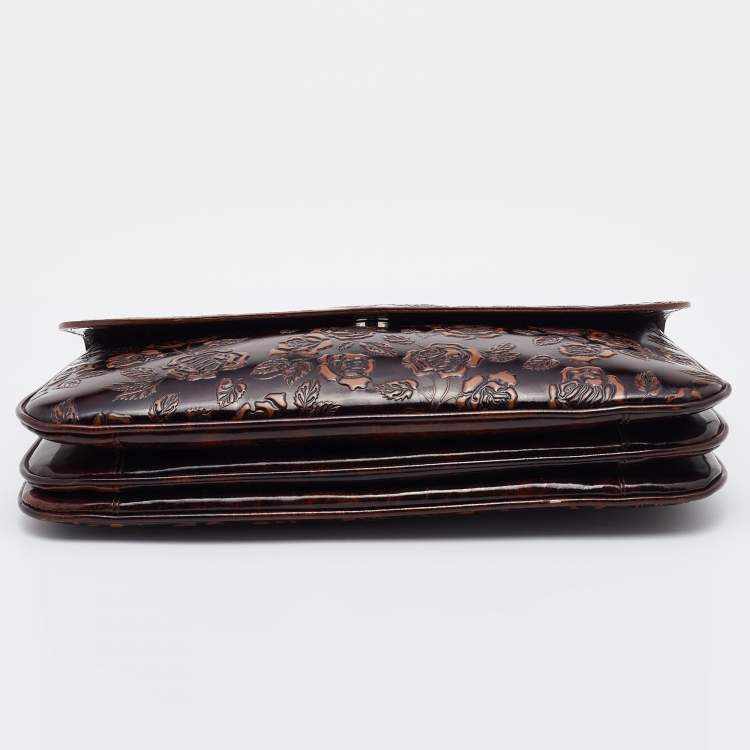 Pre Owned Dolce & Gabbana Dark Brown Floral Embossed Leather Flap Clutch