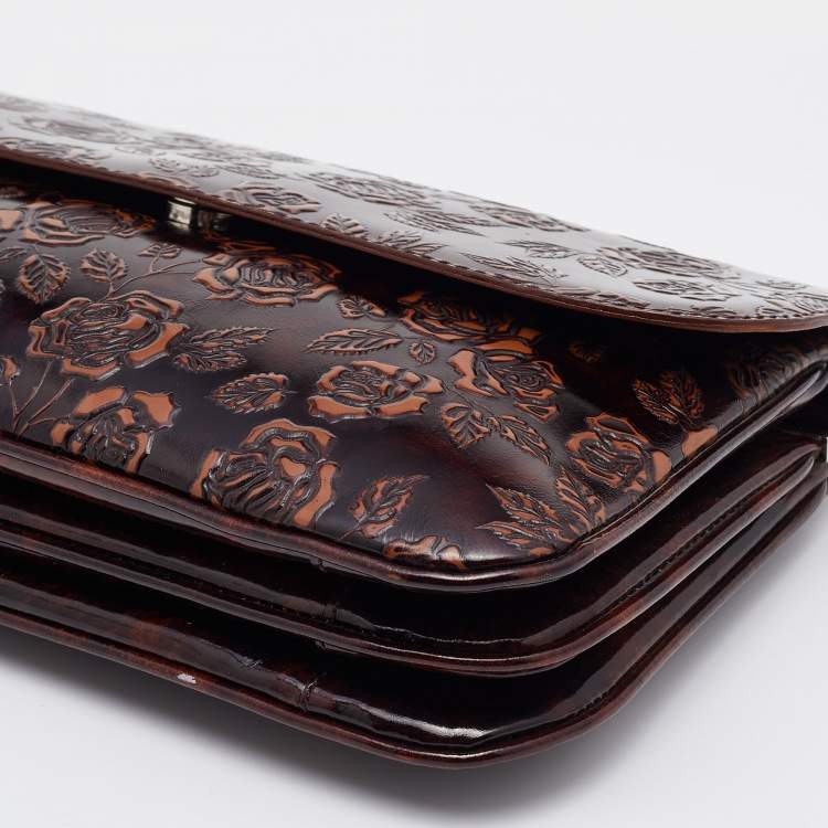 Pre Owned Dolce & Gabbana Dark Brown Floral Embossed Leather Flap Clutch