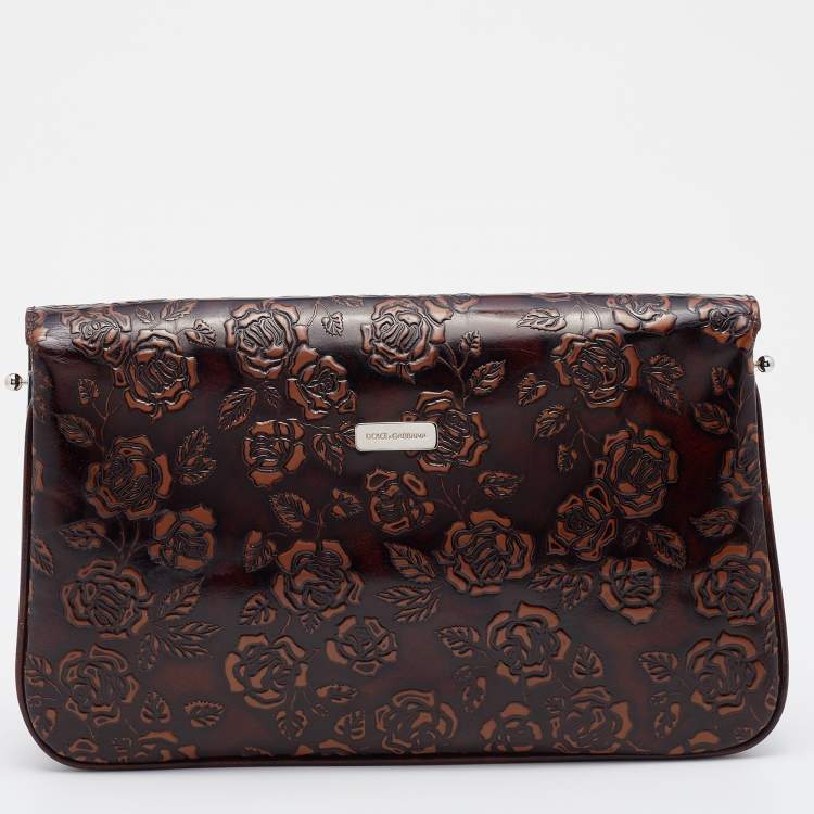 Pre Owned Dolce & Gabbana Dark Brown Floral Embossed Leather Flap Clutch