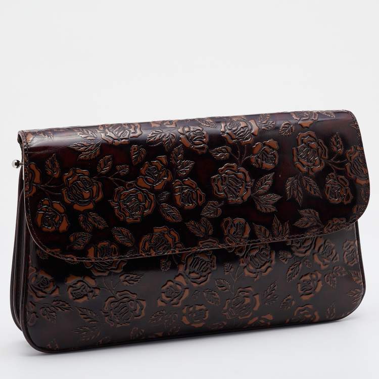 Pre Owned Dolce & Gabbana Dark Brown Floral Embossed Leather Flap Clutch