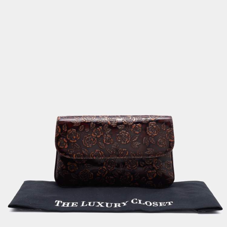 Pre Owned Dolce & Gabbana Dark Brown Floral Embossed Leather Flap Clutch