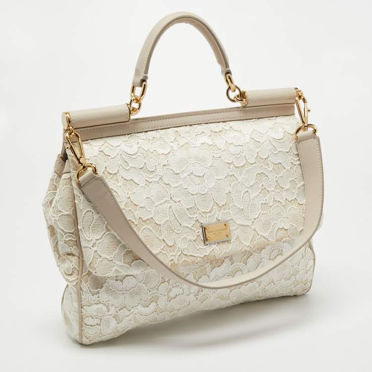 مملوكة مسبقًا Dolce & Gabbana White/Beige Lace Miss Sicily Top Handle Bag