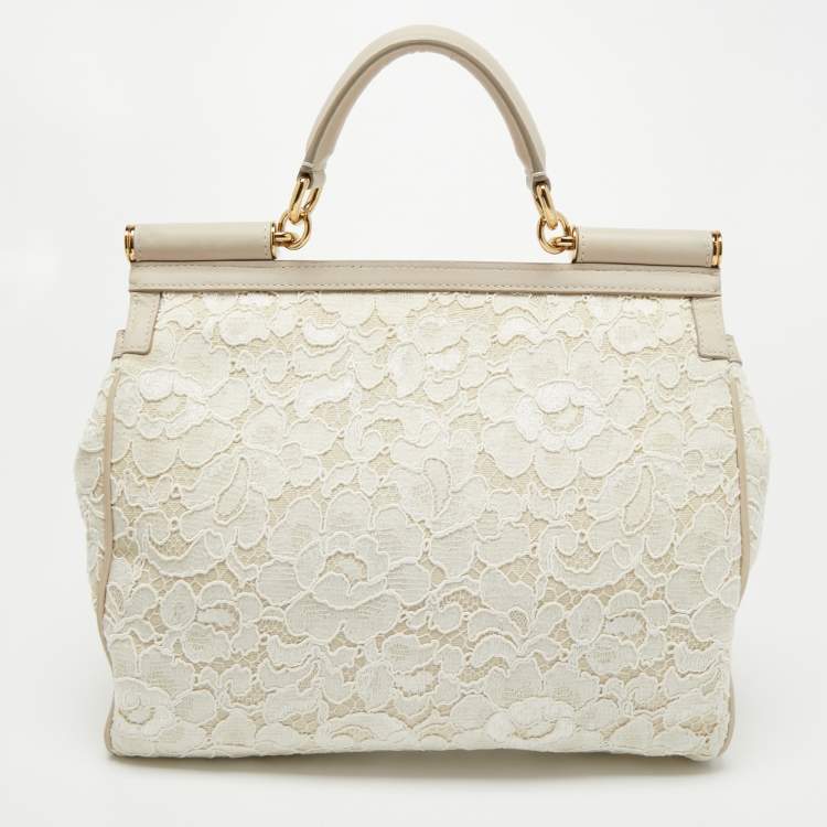 مملوكة مسبقًا Dolce & Gabbana White/Beige Lace Miss Sicily Top Handle Bag