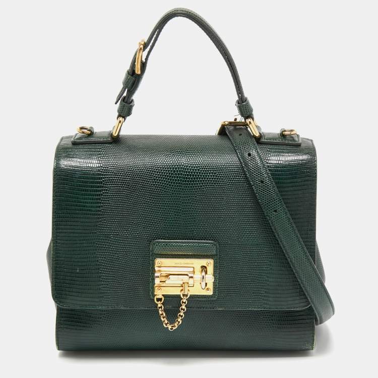Pre Owned Dolce & Gabbana Green Iguana Embossed Leather Medium Miss Monica Top Handle Bag