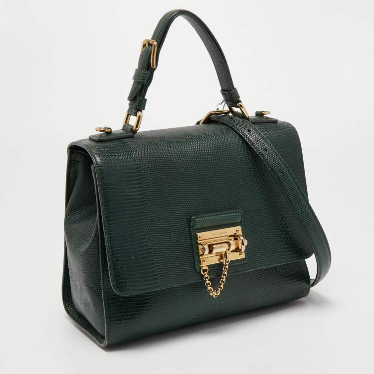 Pre Owned Dolce & Gabbana Green Iguana Embossed Leather Medium Miss Monica Top Handle Bag