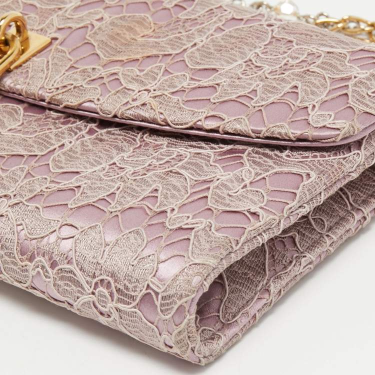 Pre Owned Dolce & Gabbana Pink Lace and Satin Padlock Chain Clutch