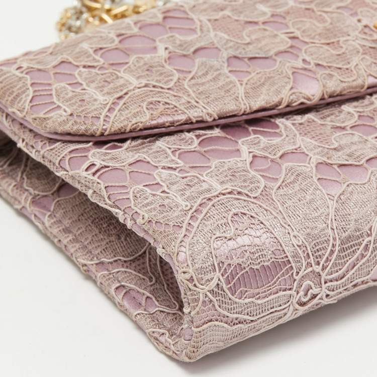 Pre Owned Dolce & Gabbana Pink Lace and Satin Padlock Chain Clutch