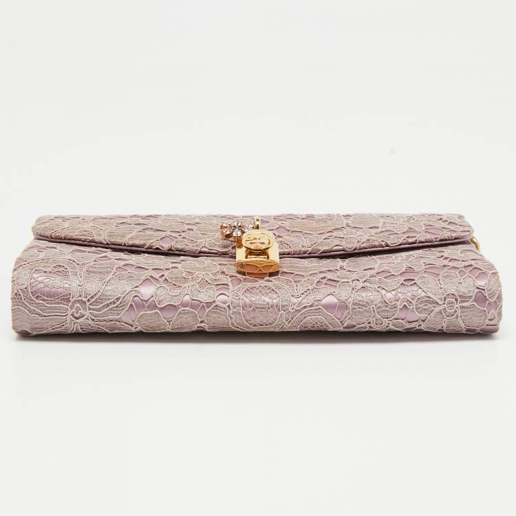 Pre Owned Dolce & Gabbana Pink Lace and Satin Padlock Chain Clutch