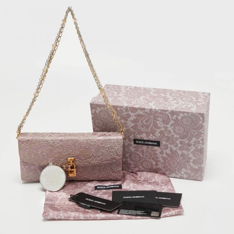 Pre Owned Dolce & Gabbana Pink Lace and Satin Padlock Chain Clutch