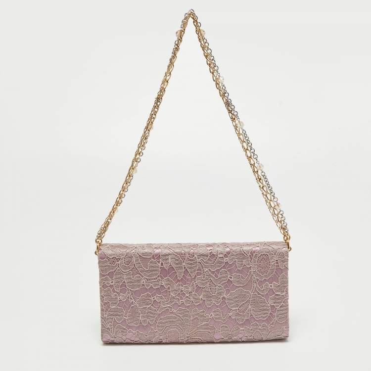 Pre Owned Dolce & Gabbana Pink Lace and Satin Padlock Chain Clutch