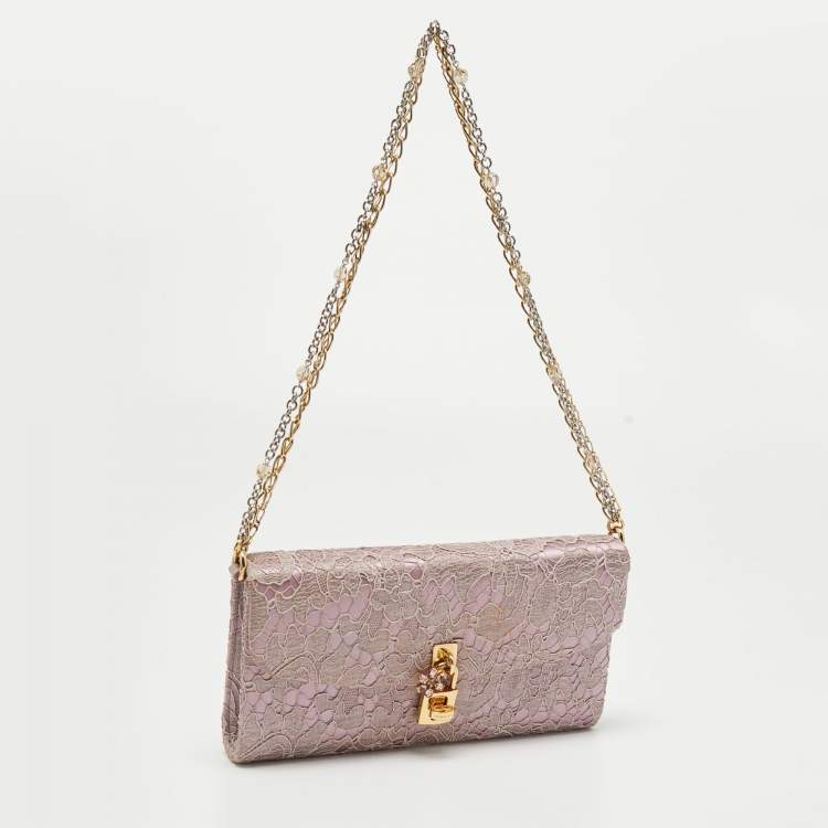 Pre Owned Dolce & Gabbana Pink Lace and Satin Padlock Chain Clutch