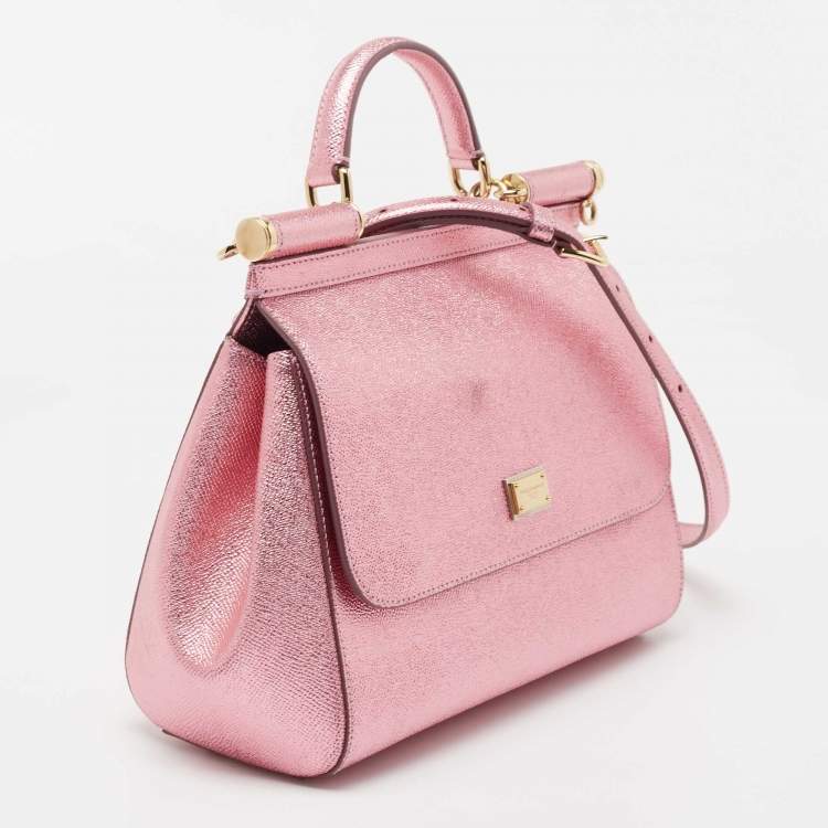 Pre Owned Dolce & Gabbana Metallic Pink Leather Medium Miss Sicily Top Handle Bag