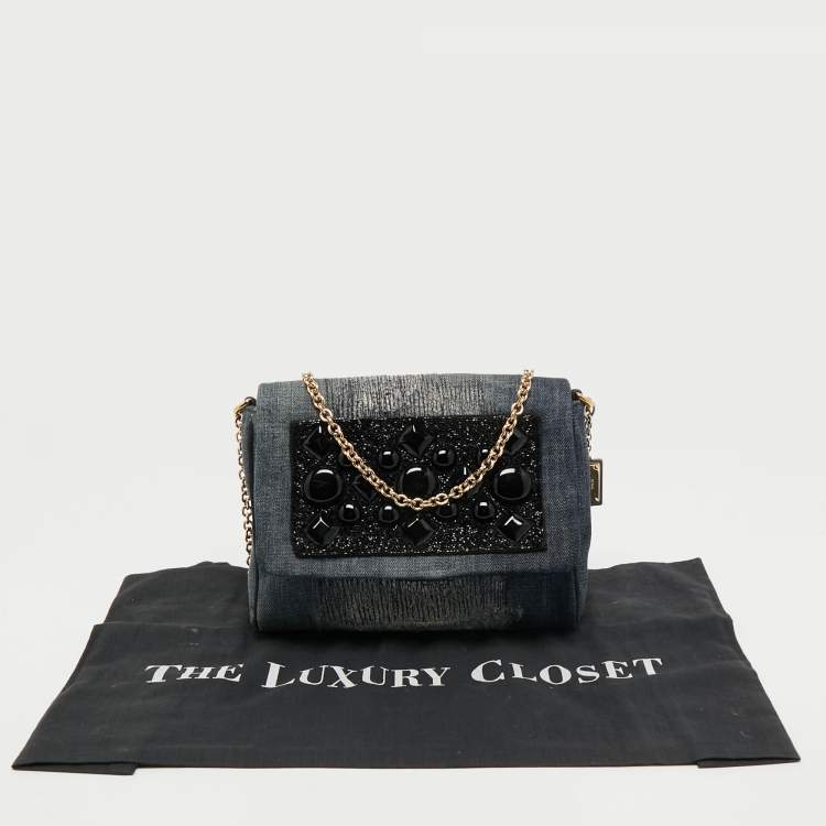 Pre Owned Dolce & Gabbana Nay Blue/Black Denim Embellished Flap Shoulder Bag
