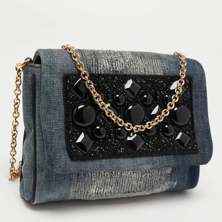 Pre Owned Dolce & Gabbana Nay Blue/Black Denim Embellished Flap Shoulder Bag
