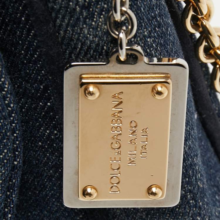 Pre Owned Dolce & Gabbana Nay Blue/Black Denim Embellished Flap Shoulder Bag