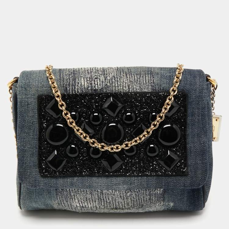 Pre Owned Dolce & Gabbana Nay Blue/Black Denim Embellished Flap Shoulder Bag