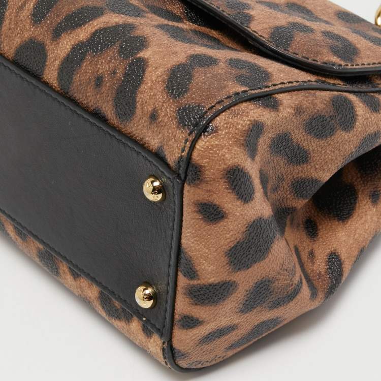 Pre Owned Dolce & Gabbana Brown/Black Leopard Print Coated Canvas and Leather Medium Miss Sicily Top Handle Bag