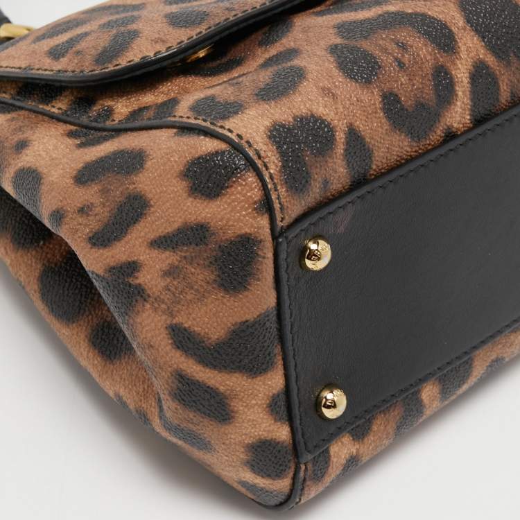 Pre Owned Dolce & Gabbana Brown/Black Leopard Print Coated Canvas and Leather Medium Miss Sicily Top Handle Bag