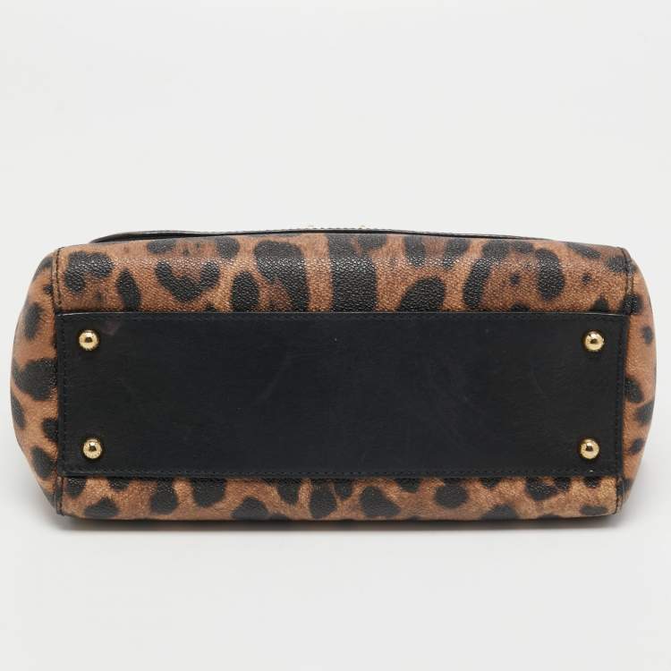 Pre Owned Dolce & Gabbana Brown/Black Leopard Print Coated Canvas and Leather Medium Miss Sicily Top Handle Bag