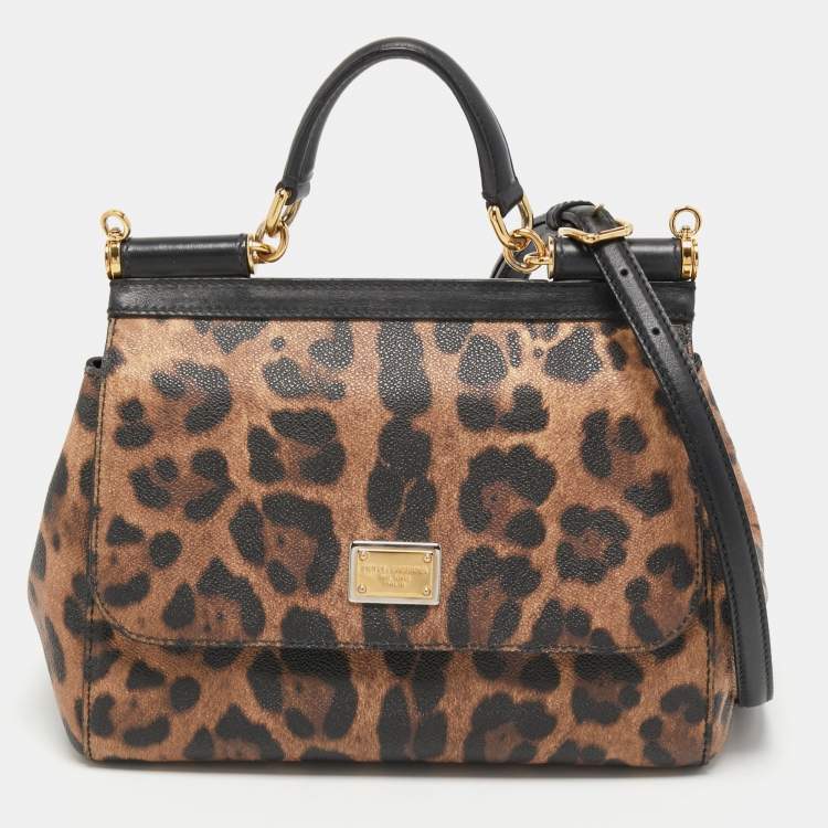 Pre Owned Dolce & Gabbana Brown/Black Leopard Print Coated Canvas and Leather Medium Miss Sicily Top Handle Bag