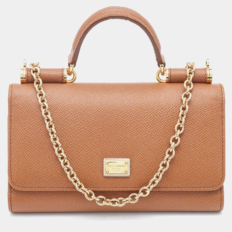 مملوكة مسبقًا Dolce & Gabbana Brown Leather Miss Sicily Von Wallet on Chain