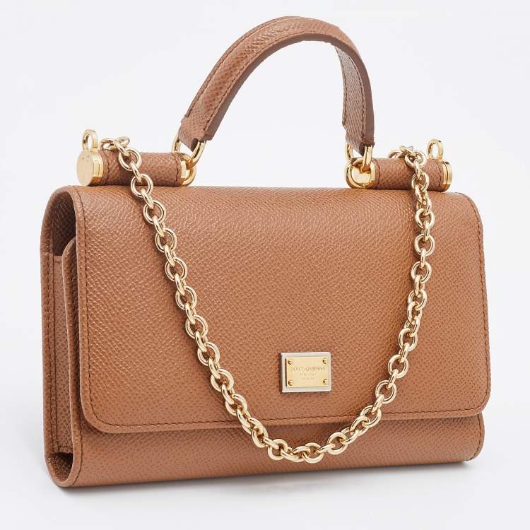 مملوكة مسبقًا Dolce & Gabbana Brown Leather Miss Sicily Von Wallet on Chain