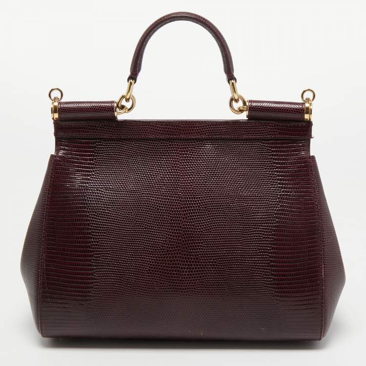 Pre Owned Dolce & Gabbana Burgundy Lizard Embossed Leather Medium Miss Sicily Top Handle Bag