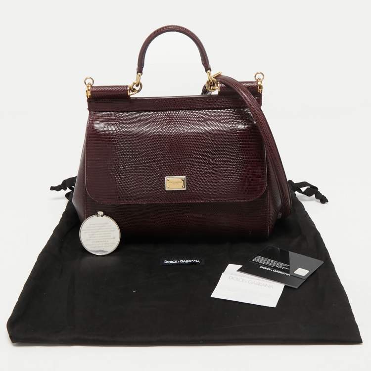 Pre Owned Dolce & Gabbana Burgundy Lizard Embossed Leather Medium Miss Sicily Top Handle Bag