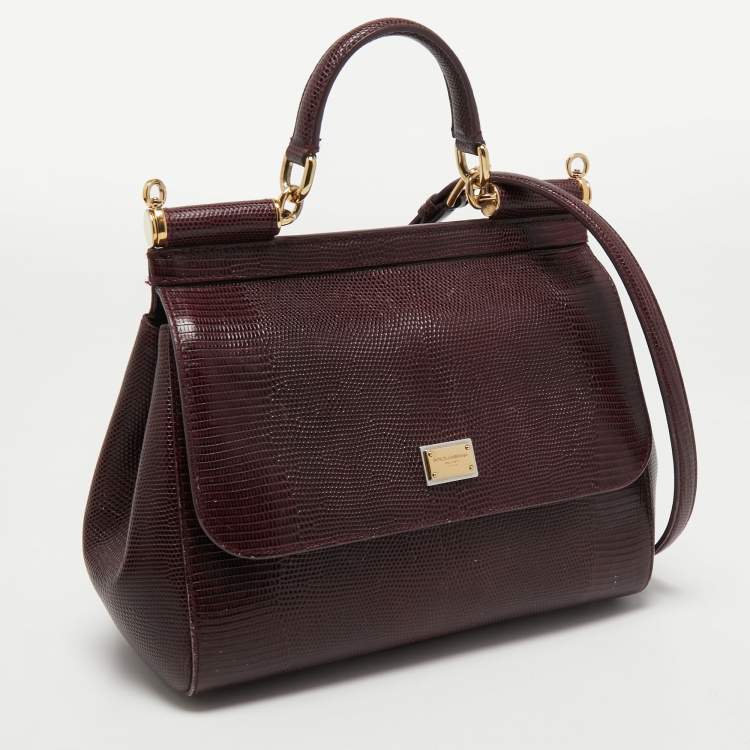 Pre Owned Dolce & Gabbana Burgundy Lizard Embossed Leather Medium Miss Sicily Top Handle Bag