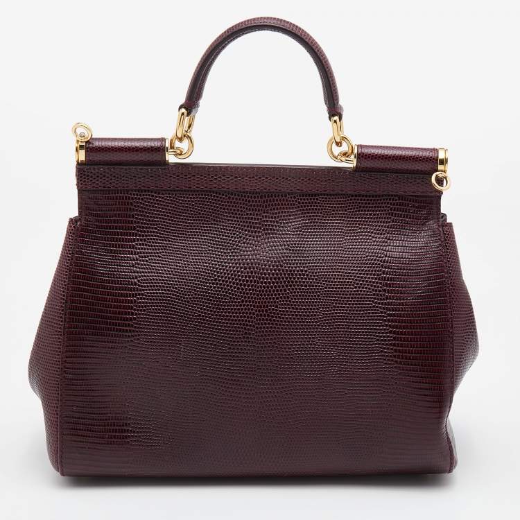 Pre Owned Dolce & Gabbana Burgundy Lizard Embossed Leather Medium Miss Sicily Top Handle Bag