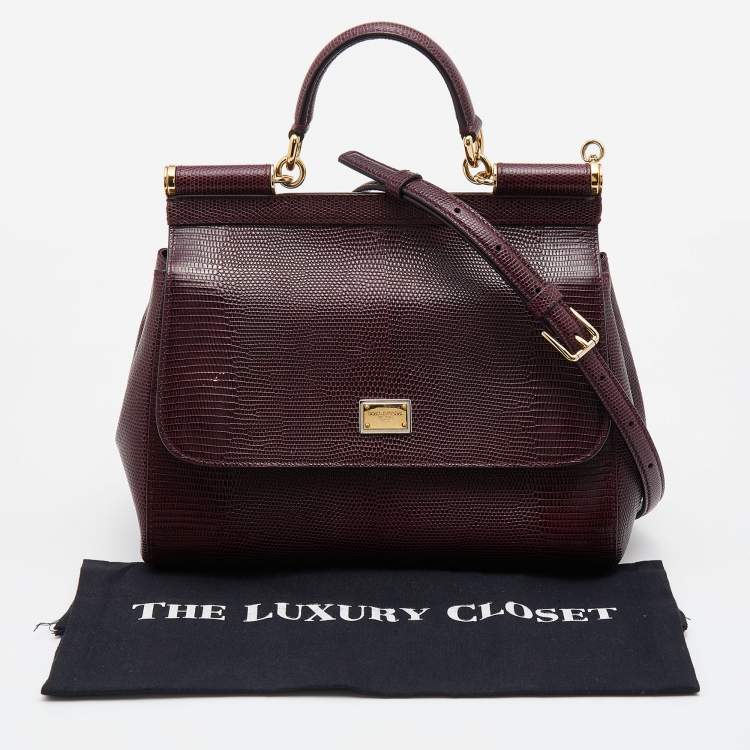 Pre Owned Dolce & Gabbana Burgundy Lizard Embossed Leather Medium Miss Sicily Top Handle Bag