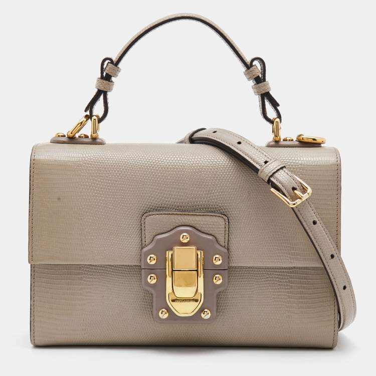 Pre Owned Dolce & Gabbana Grey Lizard Embossed Leather Lucia Top Handle Bag