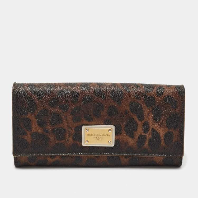 Pre Owned Dolce & Gabbana Dark Brown Leopard Print Coated Canvas Flap Continental Wallet