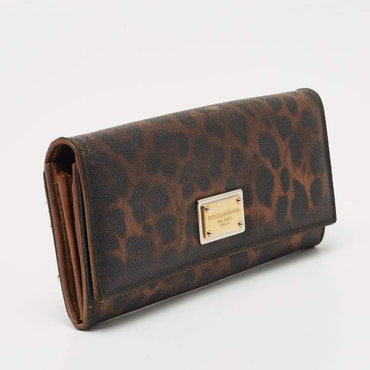 Pre Owned Dolce & Gabbana Dark Brown Leopard Print Coated Canvas Flap Continental Wallet