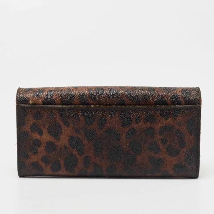 Pre Owned Dolce & Gabbana Dark Brown Leopard Print Coated Canvas Flap Continental Wallet