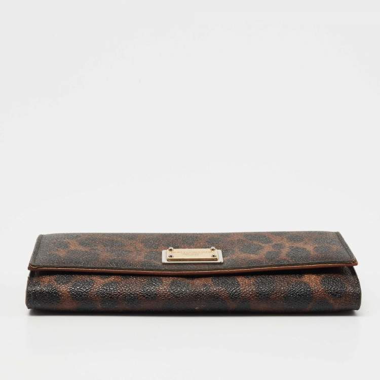 Pre Owned Dolce & Gabbana Dark Brown Leopard Print Coated Canvas Flap Continental Wallet