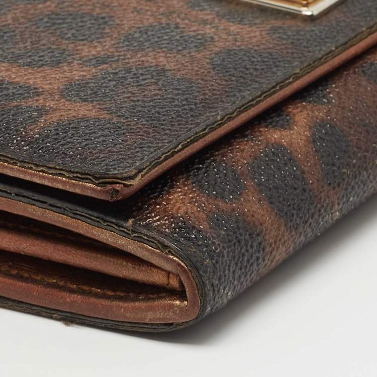 Pre Owned Dolce & Gabbana Dark Brown Leopard Print Coated Canvas Flap Continental Wallet