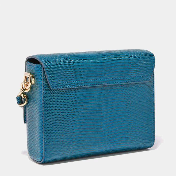 Pre Owned Dolce & Gabbana Blue Iguana Embossed Leather Mini DG Millennials Crossbody Bag