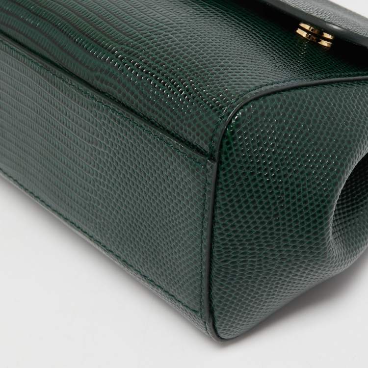 Pre Owned Dolce & Gabbana Dark Green Lizard Embossed Leather Small Miss Sicily Top Handle Bag