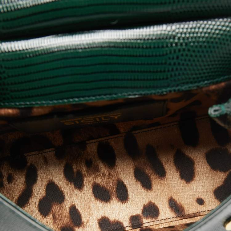 Pre Owned Dolce & Gabbana Dark Green Lizard Embossed Leather Small Miss Sicily Top Handle Bag
