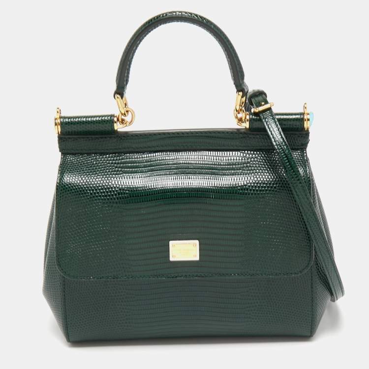 Pre Owned Dolce & Gabbana Dark Green Lizard Embossed Leather Small Miss Sicily Top Handle Bag
